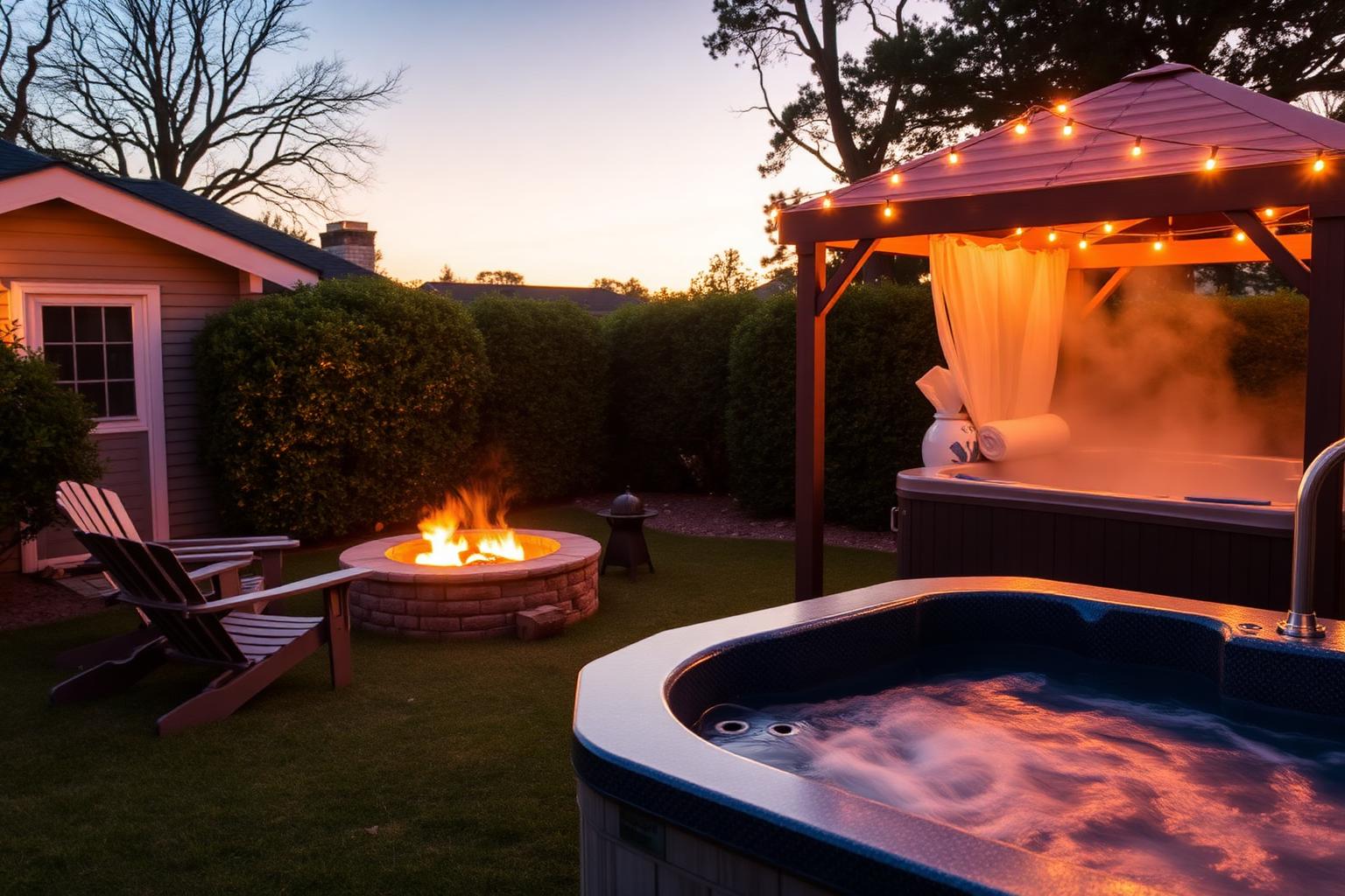 The private backyard at The Salted Cottage at dusk, with the fire pit glowing and the hot tub steaming