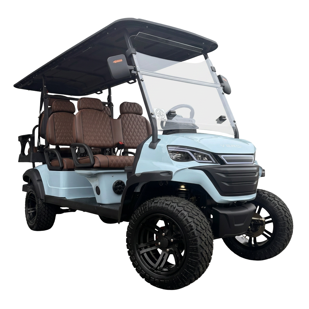 Light blue street-legal golf cart with brown quilted seats and black wheels