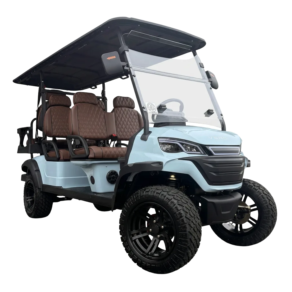 Light blue street-legal golf cart with brown quilted seats and black wheels