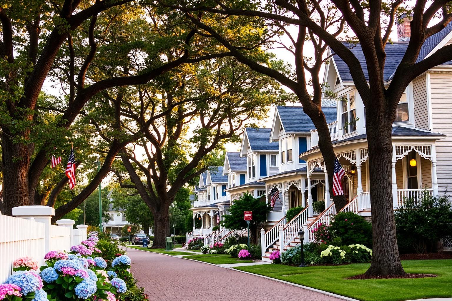 Victorian shore houses on a tree-lined street in Spring Lake NJ, the heart of the Irish Riviera