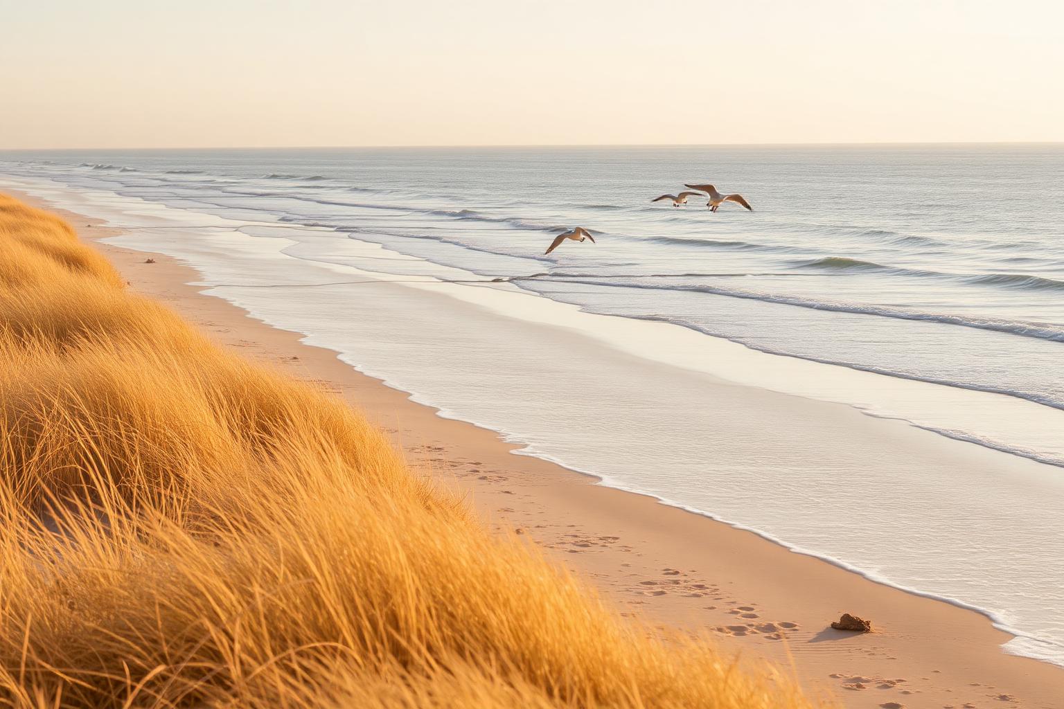 An empty autumn beach with golden dune grass at the Jersey Shore near Spring Lake NJ