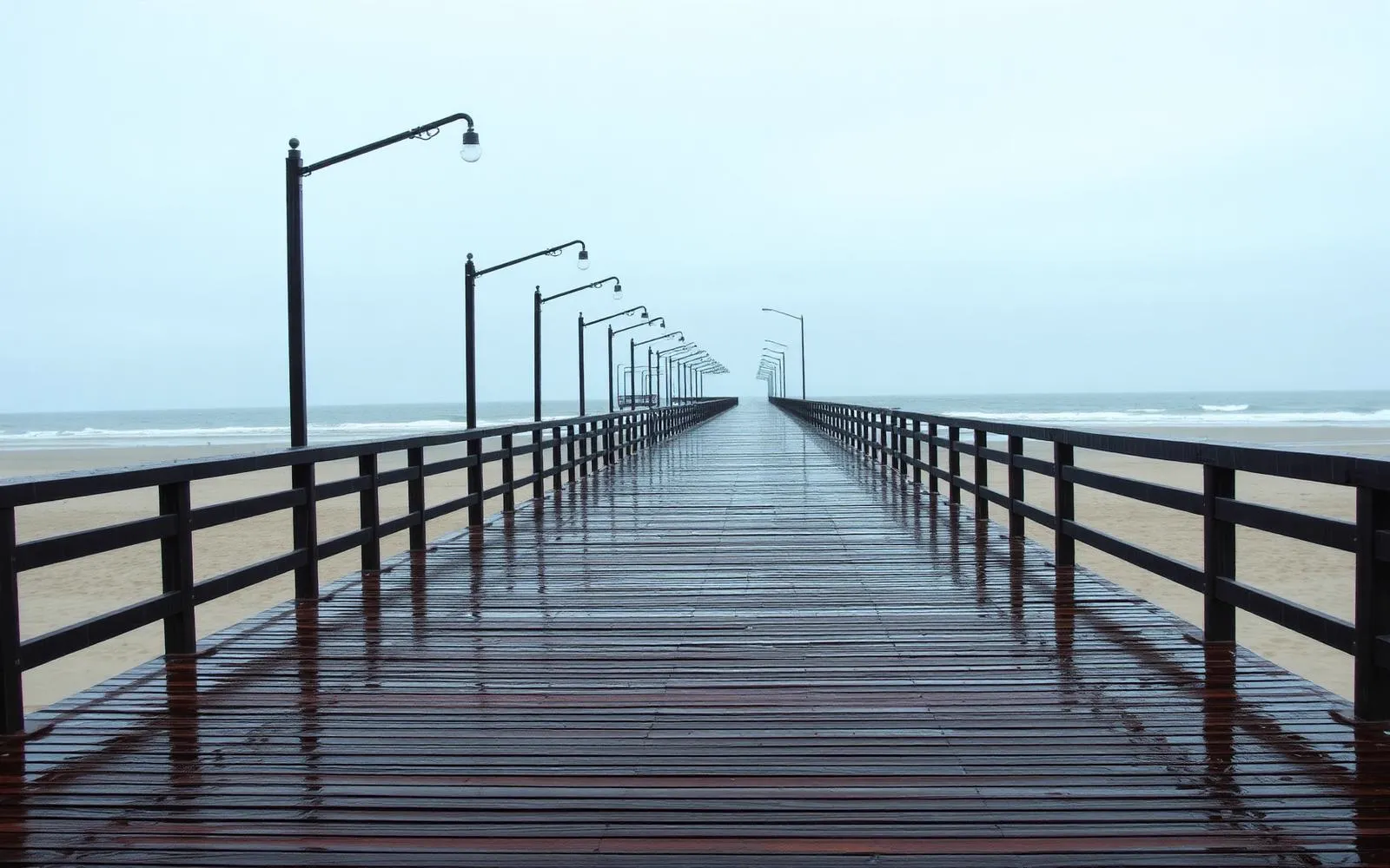 Rain on the empty boardwalk along the ocean in Spring Lake NJ