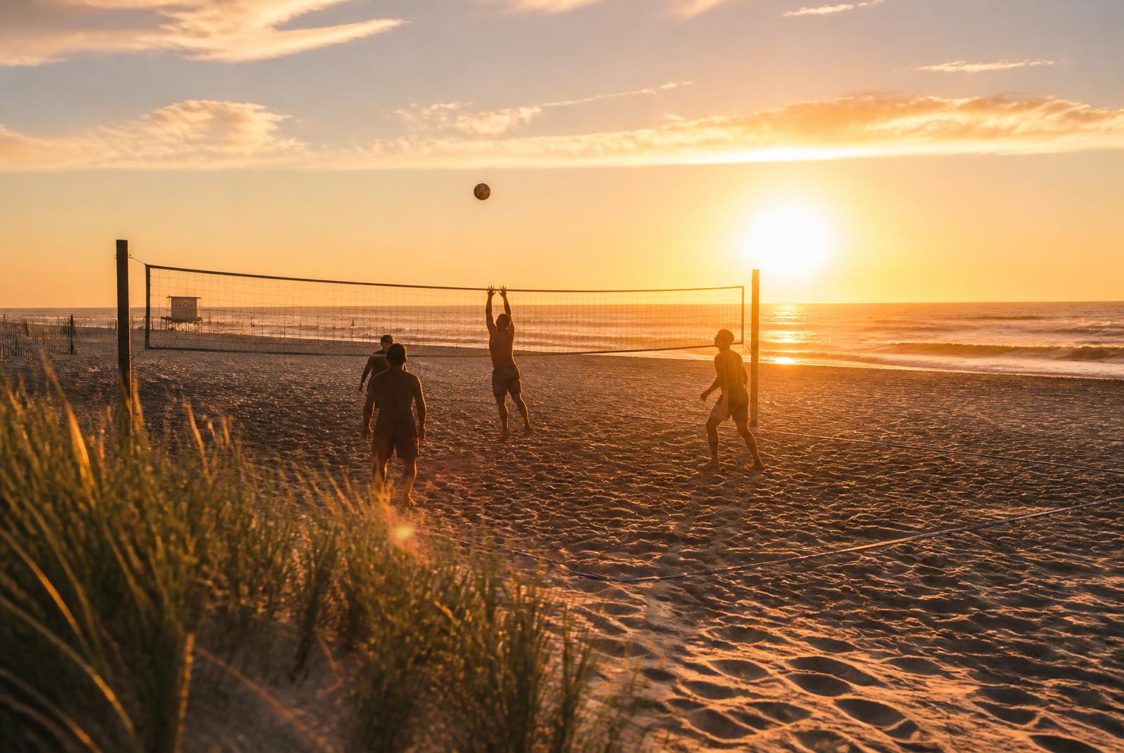Beach volleyball at sunset on the wide sand of Sea Girt, New Jersey