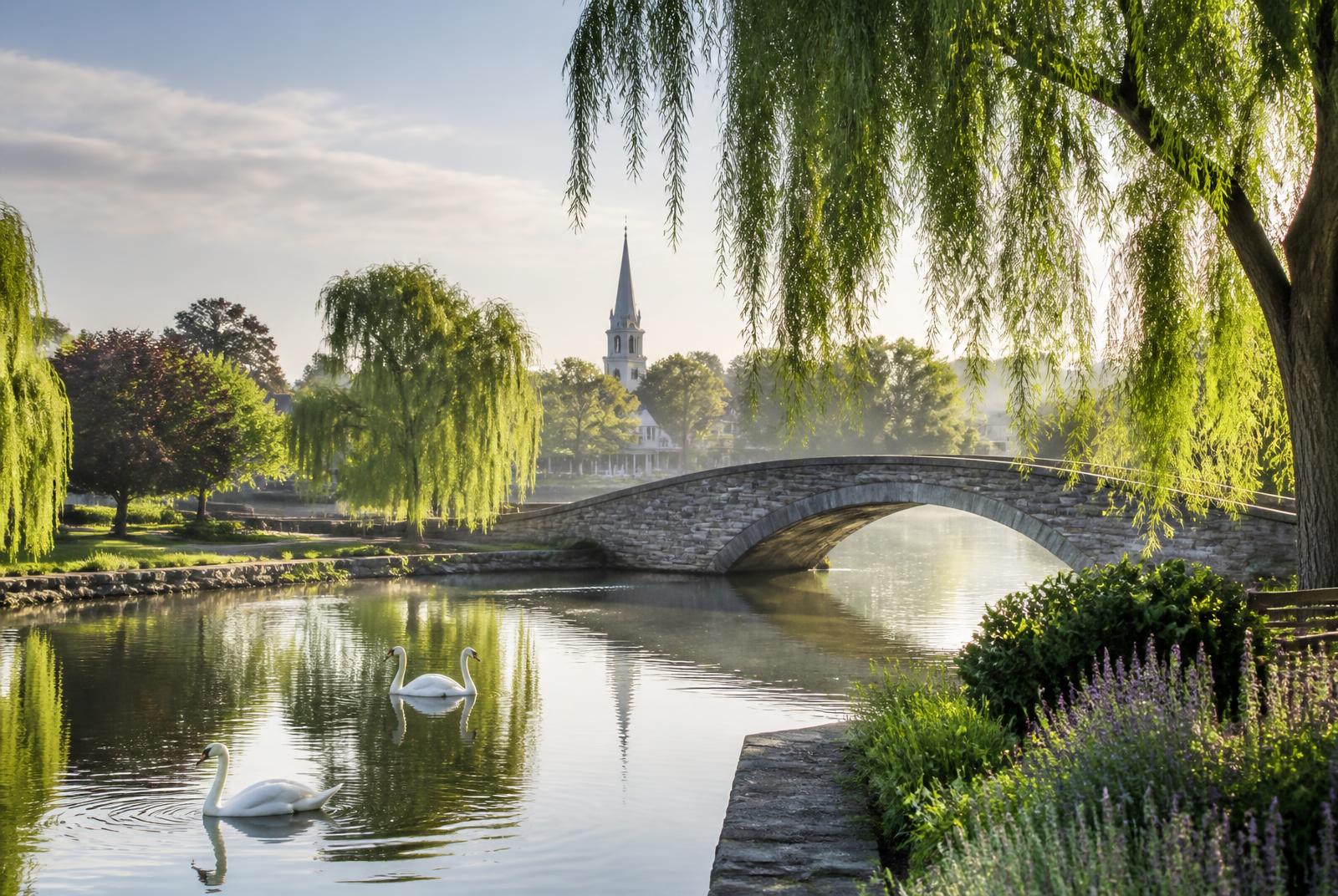 The lake in Spring Lake with a stone footbridge, swans, and a church steeple