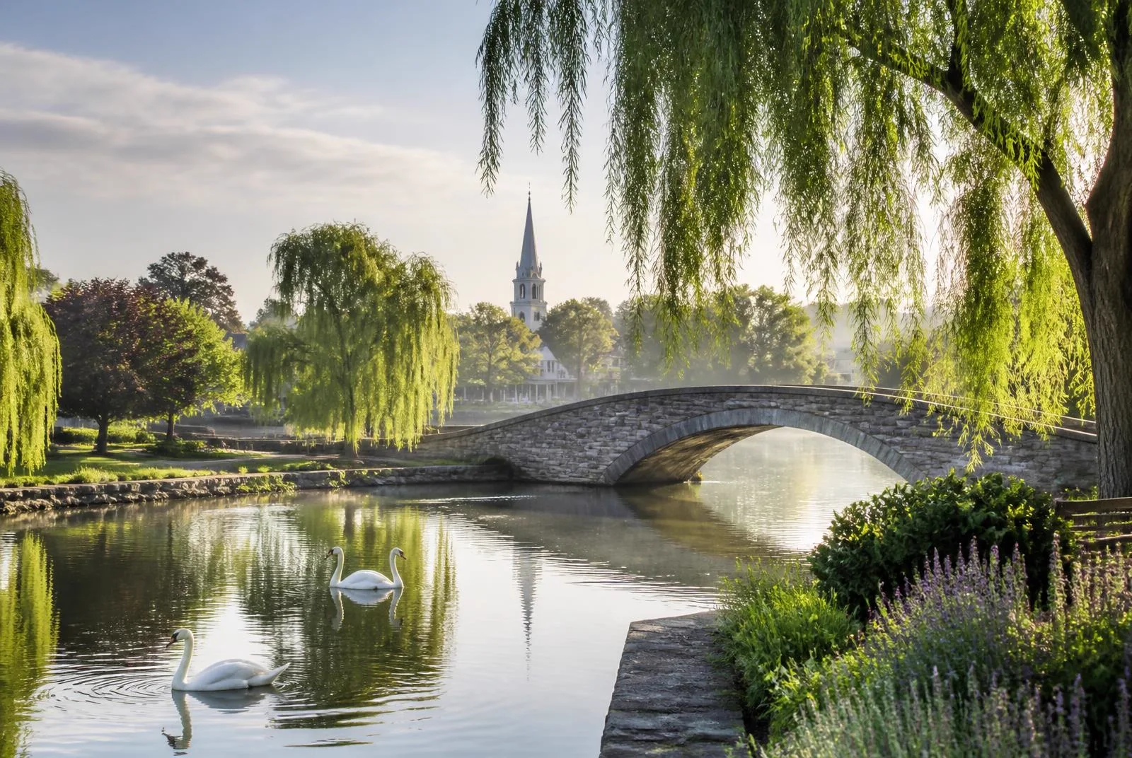 The lake in Spring Lake with a stone footbridge, swans, and a church steeple